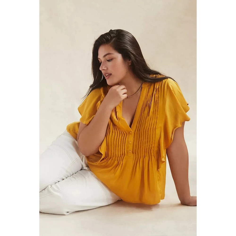 By Anthropologie Ruffled Pintucked Blouse Top Sz XL Yellow Boho Flowy Romantic